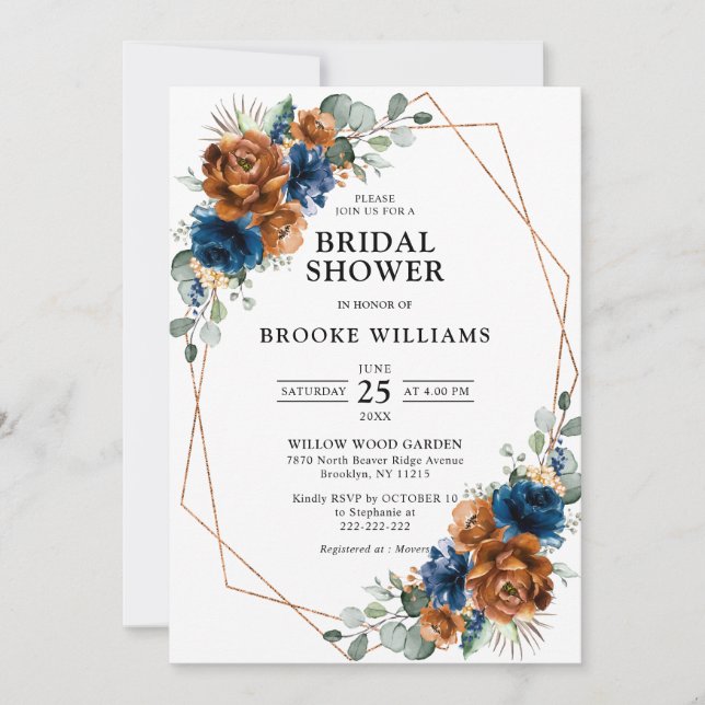 Terracotta Navy  Greenery Geometric Bridal Shower Invitation (Front)