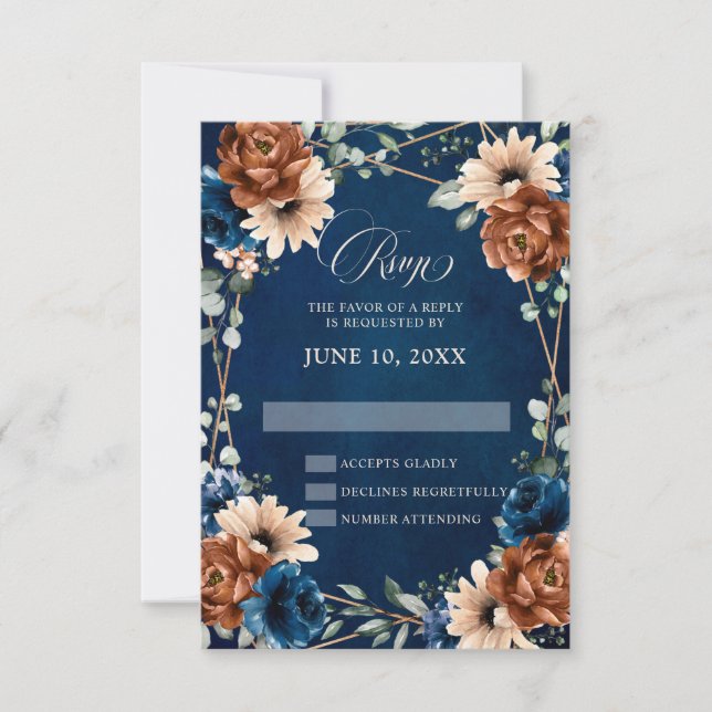 Terracotta Navy  Greenery Geometric RSVP Card (Front)