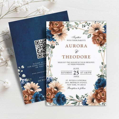 Terracotta Navy Greenery Geometric Wedding QR Code