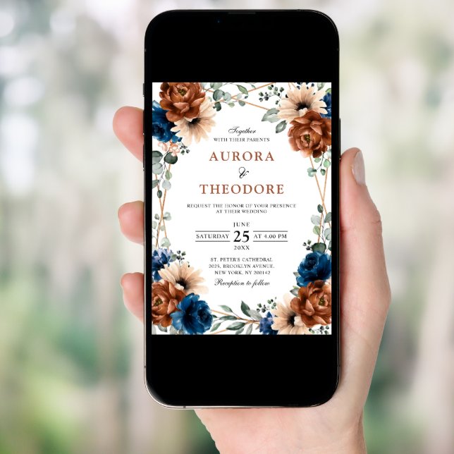 Terracotta Navy Greenery Geometric Wedding QR Code Invitation (Front Digital)