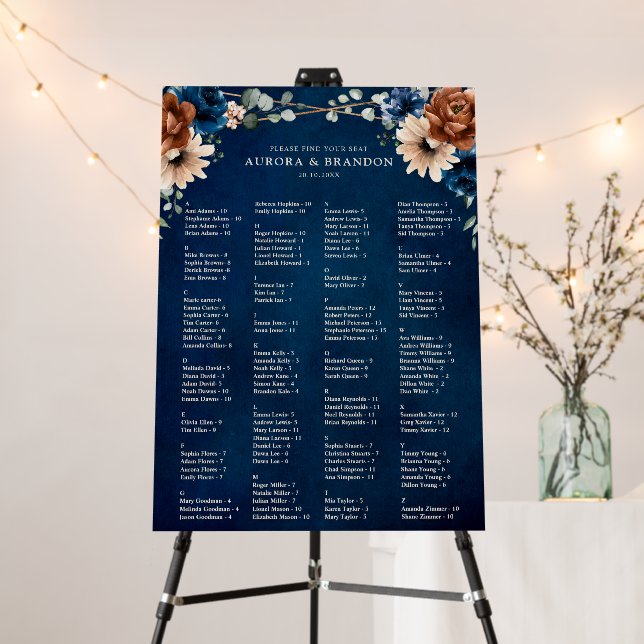 Terracotta Navy Greenery Wedding Seating Chart Foam Board (In Situ (Stand))