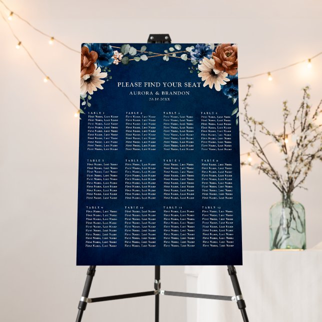 Terracotta Navy Greenery Wedding Seating Chart Foam Board (In Situ (Stand))