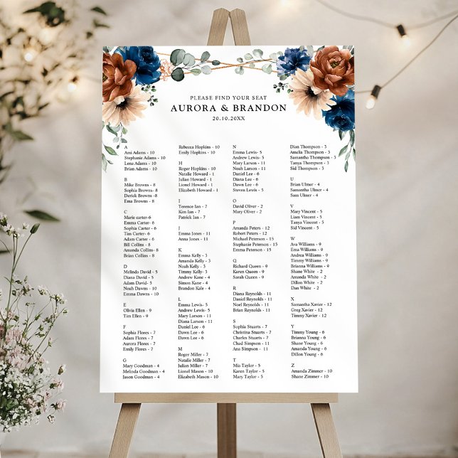 Terracotta Navy Greenery Wedding Seating Chart Foam Board (Terracotta Navy Greenery geometric Wedding Seating Chart Foam Board)