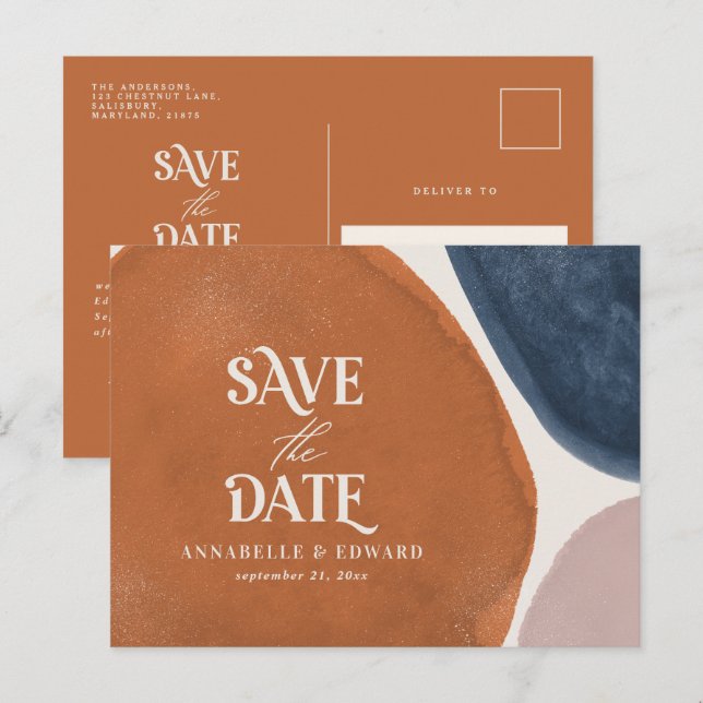 Terracotta navy modern abstract typography announcement postcard (Front/Back)