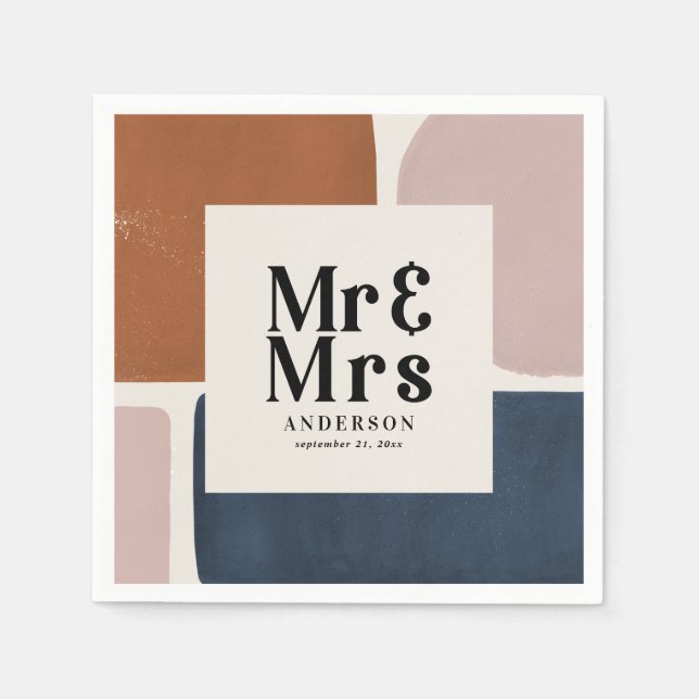 Terracotta navy Mr & Mrs modern painterly wedding Napkins (Front)