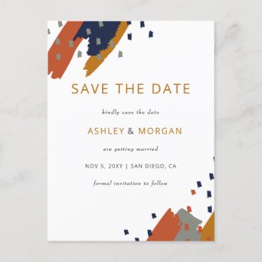 Terracotta Navy Mustard Abstract Save the Date Announcement Postcard