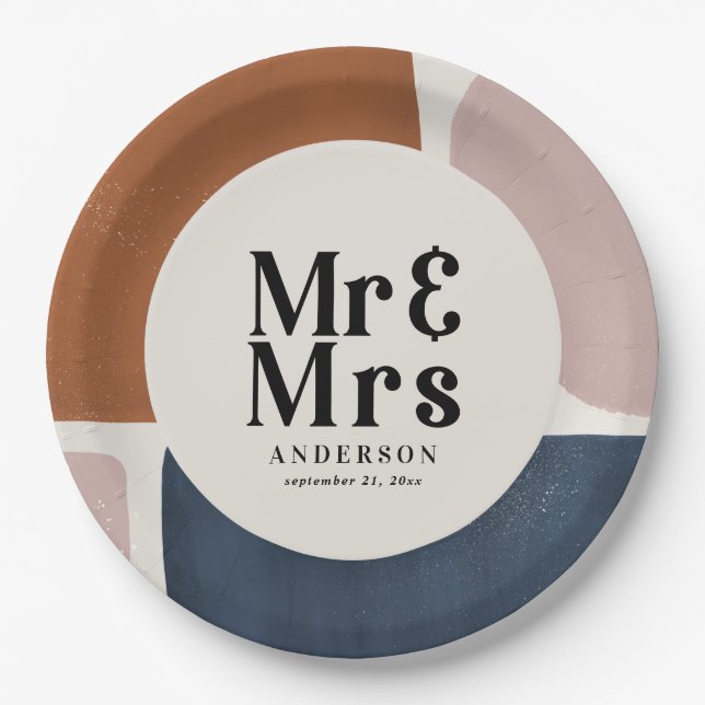 terracotta navy painterly abstract wedding mr mrs paper plates (Front)