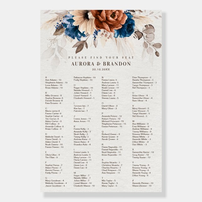 Terracotta Navy Pampas Grass Wedding Seating chart Foam Board (Front)