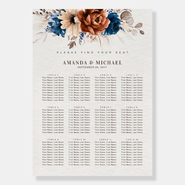Terracotta Navy Pampas Grass Wedding Seating chart Foam Board (Front)