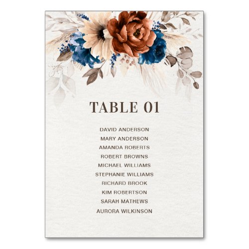 Terracotta Navy Pampas Grass Wedding Seating Chart Table Number