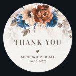 Terracotta Navy Pampas Grass Wedding Thank You Classic Round Sticker<br><div class="desc">Elegant Navy blue,  Terracotta ,  Orange earthy floral theme wedding thank you sticker featuring elegant bouquet of Navy blue,  Terracotta color roses peonies  and eucalyptus leaves. Please contact me for any help in customization or if you need any other product with this design.</div>