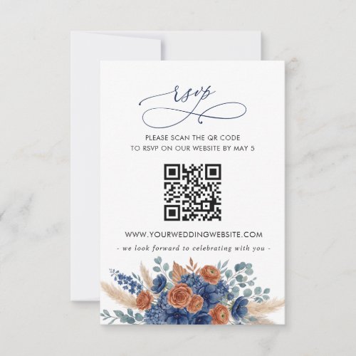 Terracotta Navy Pampas Greenery Modern QR CODE RSVP Card