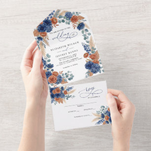 Terracotta Navy Pampas Greenery Modern Wedding All In One Invitation