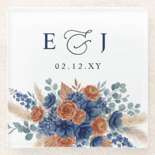 Terracotta Navy Pampas Greenery Modern Wedding Glass Coaster