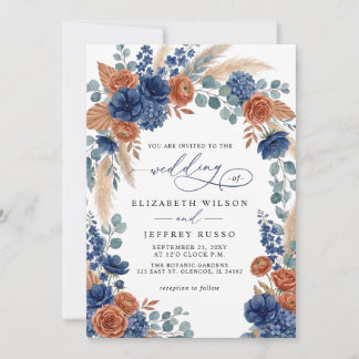 Terracotta Navy Pampas Greenery Modern Wedding Invitation