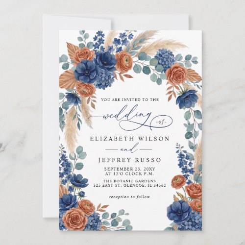Terracotta Navy Pampas Greenery Modern Wedding Invitation