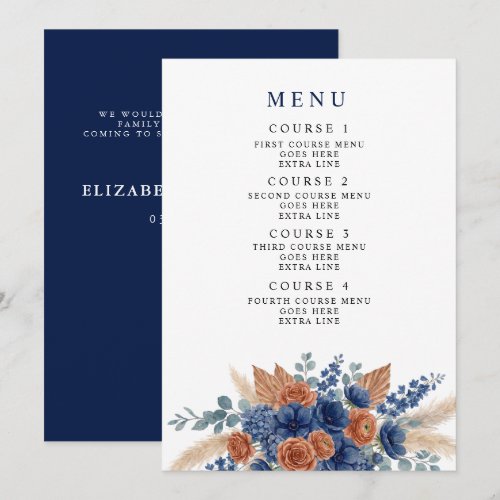 Terracotta Navy Pampas Greenery Modern Wedding Menu