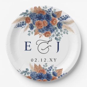 Terracotta Navy Pampas Greenery Modern Wedding Paper Plates