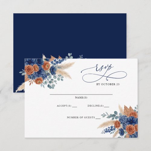 Terracotta Navy Pampas Greenery Modern Wedding RSVP Card
