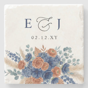Terracotta Navy Pampas Greenery Modern Wedding Stone Coaster
