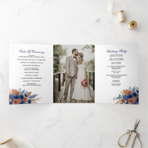 Terracotta Navy Pampas Greenery Modern Wedding Tri-Fold Program