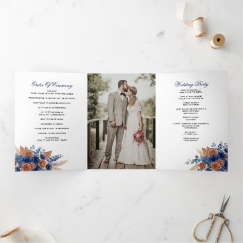 Terracotta Navy Pampas Greenery Modern Wedding Tri-Fold Program