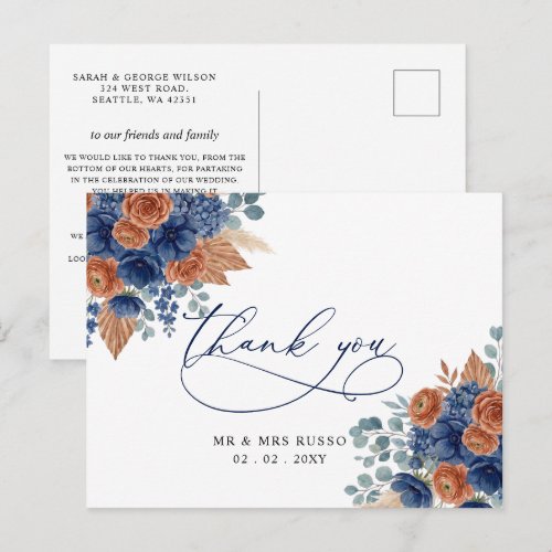 Terracotta Navy Pampas Greenery Thank You Postcard