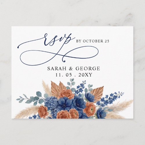 Terracotta Navy Pampas Greenery Wedding Rsvp Postcard