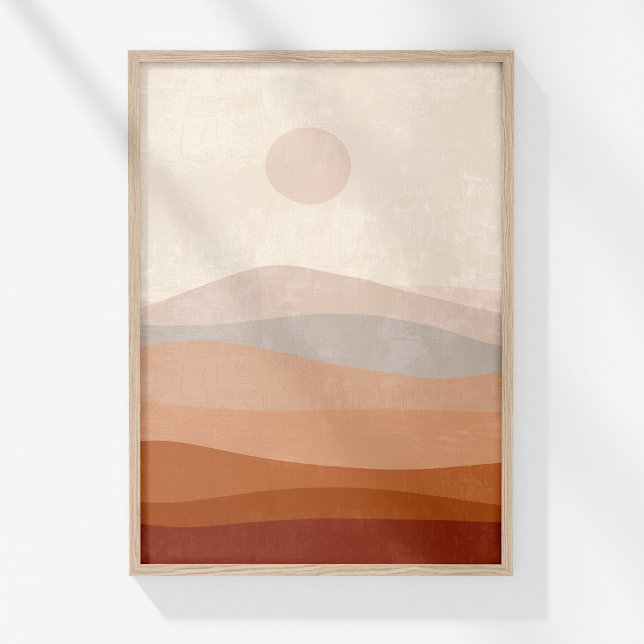 Terracotta Neutral Abstract Landscape Wall Art (Boho Terracotta Neutral Abstract Landscape Art Poster in a wooden frame on a sunny white wall.)