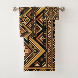 Terracotta Ochre Boho Geometric Abstract Pattern Bath Towel Set