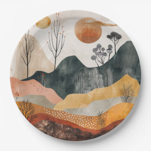 Terracotta Ochre Twin Sun Mid Century Mountain Art Paper Plates