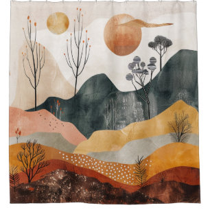 Terracotta Ochre Twin Sun Mid Century Mountain Art Shower Curtain
