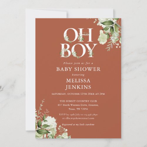 Terracotta Oh Boy Botanical Greenery Baby Shower Invitation