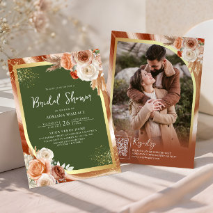Terracotta Olive Green QR Code Bridal Shower Invitation