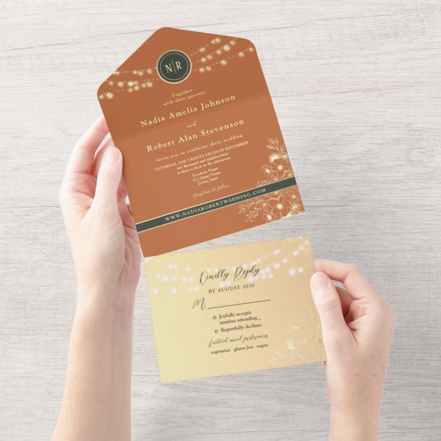 Terracotta Olive String Lights Wedding All In One Invitation (Tearaway)