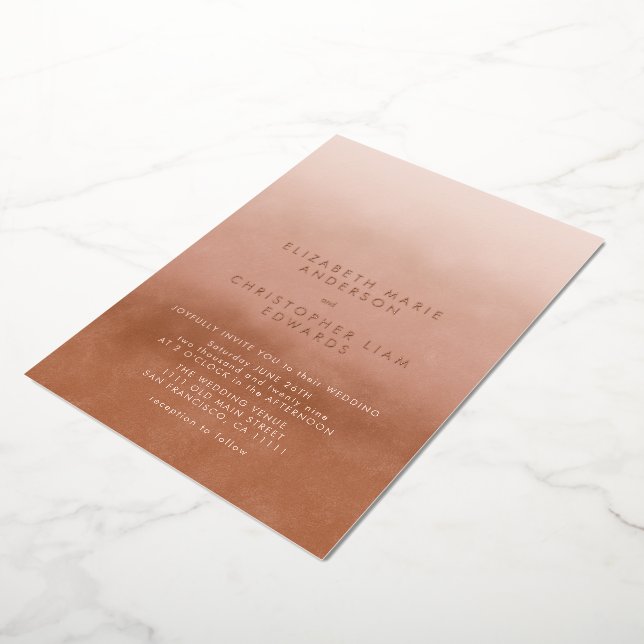 Terracotta Ombre Minimalist Boho Wedding Rose Gold Foil Invitation (Rotated)