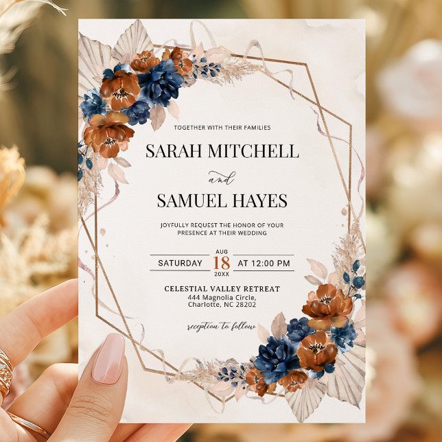 Terracotta Orange and Navy Blue Wedding Invitation (Creator Uploaded)