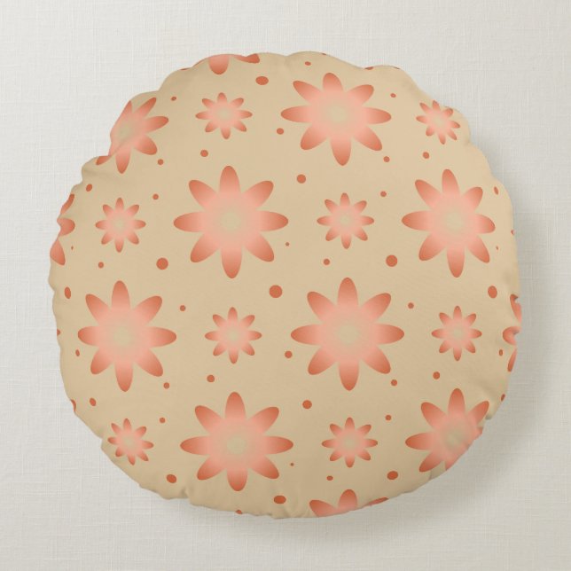 Terracotta orange and sand beige delicate daisy round pillow (Front)
