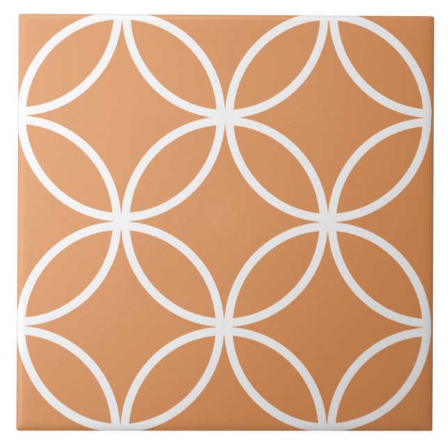 Terracotta orange and white petals circle diamond ceramic tile (Front)
