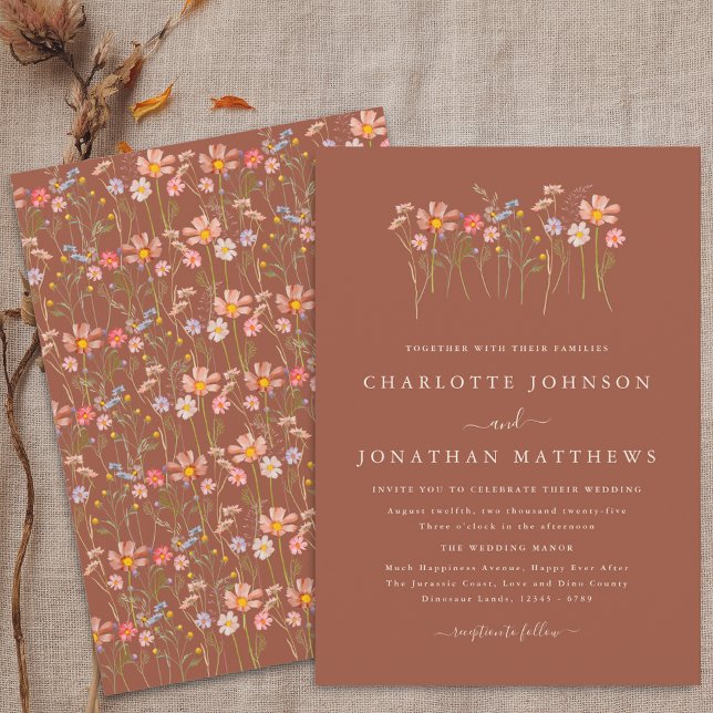 Terracotta Orange Beige Fall Wildflower Wedding Invitation (Boho fall Wildflower floral beige terracotta Wedding invitation Watercolor garden meadow flowers )