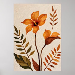 Terracotta Orange Botanical Flower Relief Poster