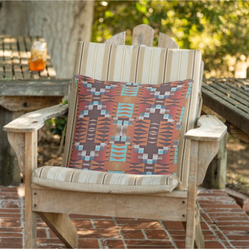 Terracotta Orange Brown Aqua Turquoise Tribal Art Outdoor Pillow
