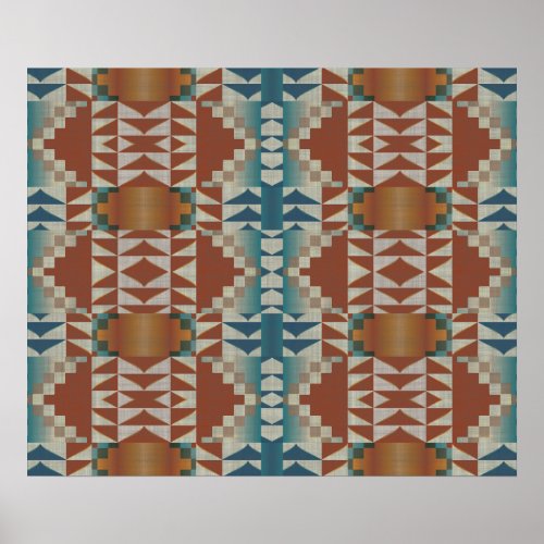 Terracotta Orange Brown Teal Blue Mosaic Art Poster