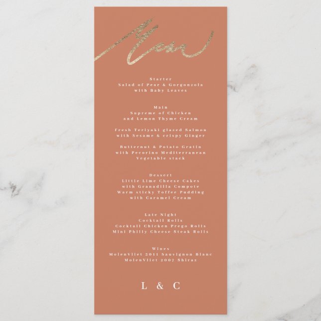 Terracotta Orange Elegant Boho Gold Wedding Menu (Front)