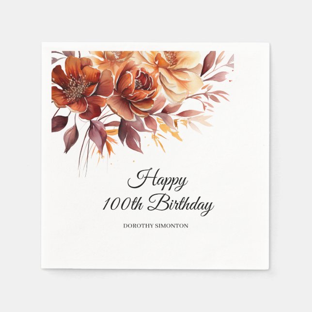 Terracotta Orange Fall Flowers 100th Birthday Napkins (Front)