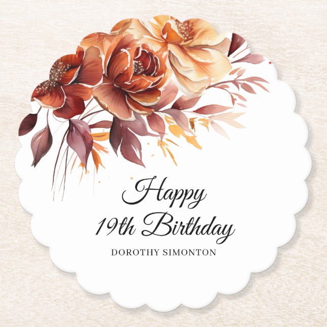 Terracotta Orange Fall Flowers 19th Birthday Paper Coaster (Front)