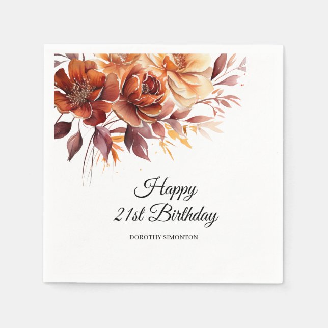 Terracotta Orange Fall Flowers 21st Birthday Napkins (Front)