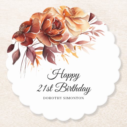 Terracotta Orange Fall Flowers 21st Birthday Paper Coaster