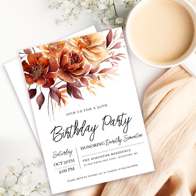 Terracotta Orange Fall Flowers 30th Birthday Invitation (Need a matching fall flowers Welcome Sign? Message me!)