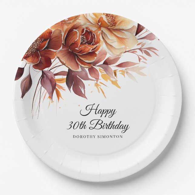 Terracotta Orange Fall Flowers 30th Birthday Paper Plates (Front)